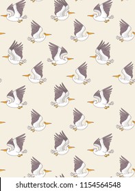 Seamless pattern with cute and funny cartoon pelican. Character bird. Childrens illustration. Stylish vector illustration