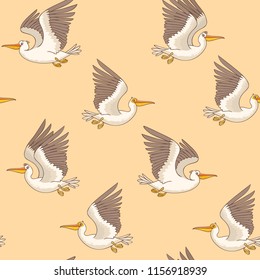 Seamless pattern with cute and funny cartoon pelican. Character bird. Childrens illustration. Stylish vector illustration