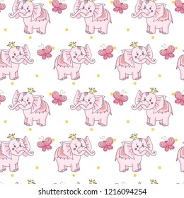 Seamless pattern with Cute funny cartoon butterfly, baby pink elephant with yellow crown on a white background.Vector illustration for children.Print for fabric,textile,paper.