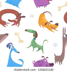 Seamless pattern with cute and funny cartoon dog pupies isolated on white background. Perfect for kids apparel, fabric, textile, nursery decoration, wrapping paper 