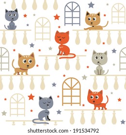 Seamless pattern with cute funny cartoon cats. Vector seamless texture for wallpapers, prints or web page backgrounds