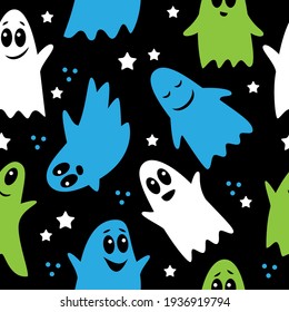 Seamless pattern of cute funny cartoon ghosts on a black background. Vector illustration