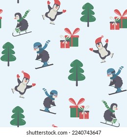 Seamless pattern of cute funny cartoon penguins skiing, sledging and skating with warm clothes. Winter vector baby illustration for children print.
