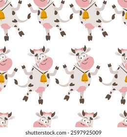 Seamless pattern cute funny cartoon dancing cows with bows on white background - vector illustration for packaging design, fabric, wallpaper