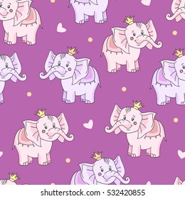 Seamless pattern with Cute funny cartoon baby pink elephant with yellow crown on a purple background.Vector illustration for children.Print for fabric,textile,paper.