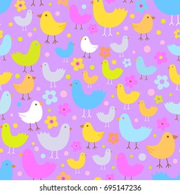 Patrón sin foco con lindos y divertidos pájaros de caricatura. La buena elección para accesorios infantiles, tejidos y otros. Ilustración del vector
