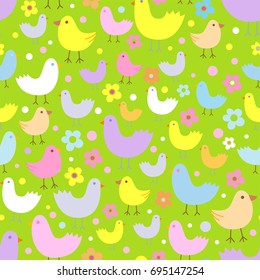 Seamless pattern with cute funny cartoon birds. The good choice for childrens accessories, fabric and other. Vector illustration