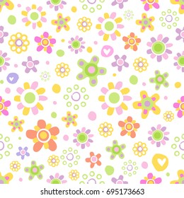 Seamless pattern with cute funny cartoon flowers and herbs. The good choice for childrens accessories, fabric and other. Vector illustration