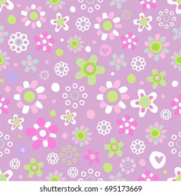 Seamless pattern with cute funny cartoon flowers and herbs on violet background. The good choice for childrens accessories, fabric and other. Vector illustration