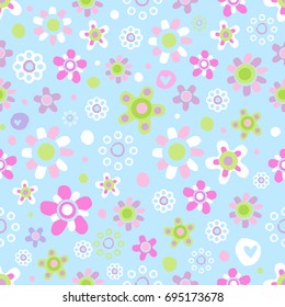 Seamless pattern with cute funny cartoon flowers and herbs on blue background. The good choice for childrens accessories, fabric and other. Vector illustration