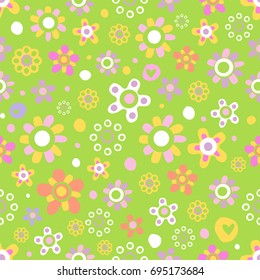 Seamless pattern with cute funny cartoon flowers and herbs on green background. The good choice for childrens accessories, fabric and other. Vector illustration