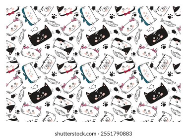 Nahtloses Muster aus niedlichen und lustigen Katzengesichtern. Katzengesichter mit Schleifen, Kerchiefs, Schals und Schleifen. Schwarz-weißes Umrissbild. Vektorgrafik.