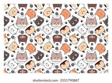 Seamless pattern of cute and funny cat faces. Vector illustration.