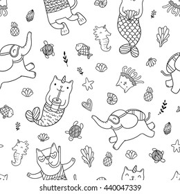 Seamless pattern with cute funny cat divers, elephants and mermaids. Adorable kitty jelly fish. Wallpaper for wrapping paper, fabric textile design. Vector art. 