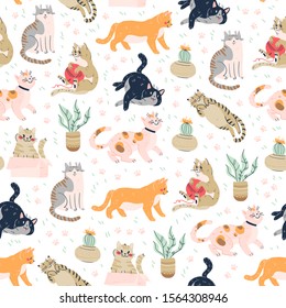 Seamless pattern with cute funny cats different breed isolated on pink background sitting, laying, hiding in box. Flat cartoon style. Vector illustration. For packaging paper, banner, textile etc. 