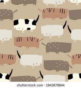 Seamless pattern with cute funny cats on beige background