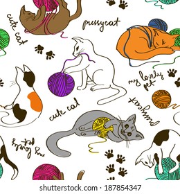 Seamless pattern with cute funny cats playing ball of yarn
