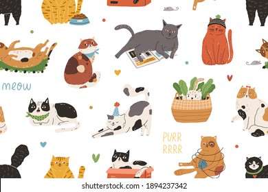 Seamless pattern with cute funny cats playing and sleeping on white backdrop. Design of endless repeating texture for printing and decoration. Childish colorful flat vector illustration