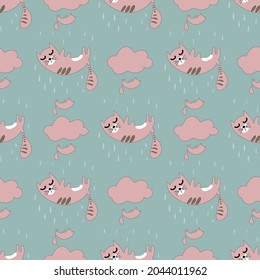 Seamless pattern with cute funny cats different breed isolated on pink background sitting, laying, hiding in box. Flat cartoon style. Vector illustration. For packaging paper, banner, textile etc.