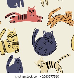 Seamless pattern with cute funny cats. Vector illustration. It can be print and used as wallpaper, packaging, wrapping paper, fabric and etc.