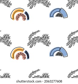 Seamless pattern with cute funny cats and rainbow. Vector illustration. It can be print and used as wallpaper, packaging, wrapping paper, fabric and etc. Hand-drawn.