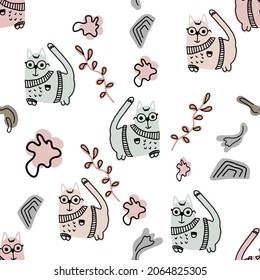 Seamless pattern with cute funny cats. Vector illustration. It can be print and used as wallpaper, packaging, wrapping paper, fabric and etc.