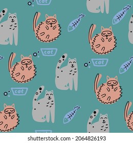 Seamless pattern with cute funny cats. Vector illustration. It can be print and used as wallpaper, packaging, wrapping paper, fabric and etc.