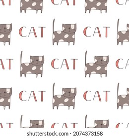 Seamless pattern cute funny cats. Endless background for printing. Hand-drawn childish flat vector illustration in doodle style.