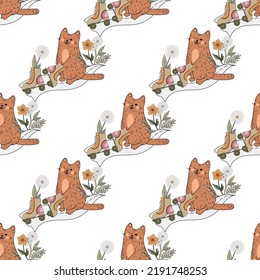 Seamless pattern with cute and funny cats. Wonderful cat 70s. Cheerful kitten.