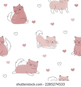 Seamless pattern with cute and funny cats. Cats with color in different poses pattern. Vector illustration of a cat and kittens