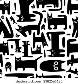 Seamless pattern with cute funny cats, black kitten on white background, cartoon style. Trendy modern vector illustration, hand drawn, flat design