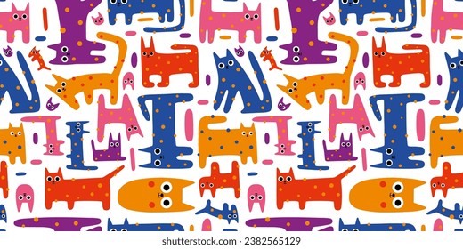 Seamless pattern with cute funny cats, colorful kitten, cartoon style. Trendy modern vector illustration on white background, hand drawn, flat design