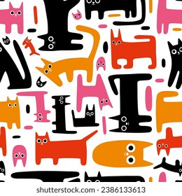 Seamless pattern with cute funny cats, colorful and black kitten, cartoon style. Trendy modern vector illustration on white background, hand drawn, flat design