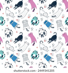 Seamless pattern with cute funny cats different breed isolated on pink background sitting, laying, hiding in box. Flat cartoon style. Vector illustration. For packaging paper, textile white background