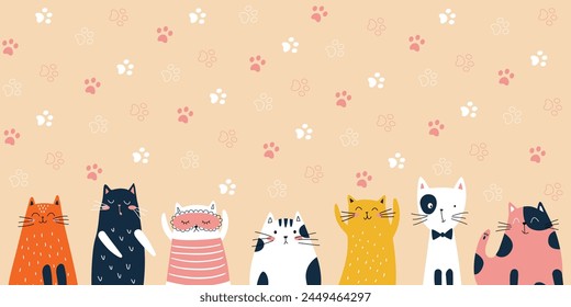 Nahtloses Muster mit niedlichen und lustigen Katzen, legen, verstecken in Box. Flacher Cartoon-Stil. Vektorillustration. Für Verpackungspapier, Textil beige Hintergrund