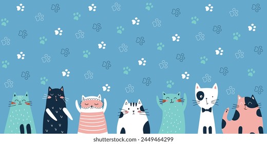 Seamless pattern with cute and funny cats, laying, hiding in box. Flat cartoon style. Vector illustration. For packaging paper, textile blue background