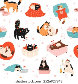 Seamless pattern of cute funny cats celebrating Valentine's Day and Love. Romantic lovely background of feline pets. Hand drawn flat illustration for print, fabric, wrapping paper, textile design