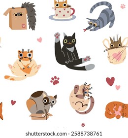 Seamless pattern with cute funny cats sit, lie, play in different poses. Charming feline animals, clumsy funny kittens of different breeds. With a heart for Valentine's Day.