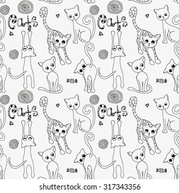 Seamless pattern with cute funny cats. Black and white  background. Made by trace from sketch. Page for coloring book. 