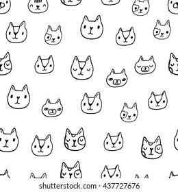 Seamless pattern with cute funny cats. Adorable kittens. Endless wallpaper for wrapping paper, fabric textile design. Vector art. Doodle kitty illustration. 