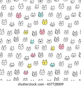 Seamless pattern with cute funny cats. Adorable kittens. Endless wallpaper for wrapping paper, fabric textile design. Vector art. Doodle kitty illustration. 