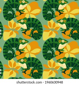 Seamless pattern with cute, funny chameleons show peace sign among foliage tropical leaves. kids, web pages, wrapping paper, wallpaper, textile desian vector illustration.