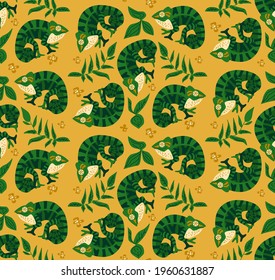 Seamless pattern with cute, funny chameleons show peace sign among foliage tropical leaves. kids, web pages, wrapping paper, wallpaper, textile desian vector illustration.