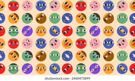 Seamless pattern with cute funny characters. Cartoon, minimal, abstract contemporary style. Avatar, icon templates. Hand drawn Vector isolated illustrations EPS10.
