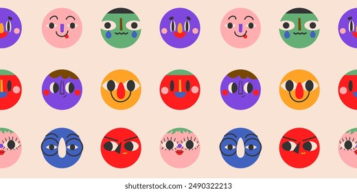 Seamless pattern with cute funny characters. Cartoon, minimal, abstract contemporary style. Avatar, icon templates. Hand drawn Vector isolated illustrations EPS10