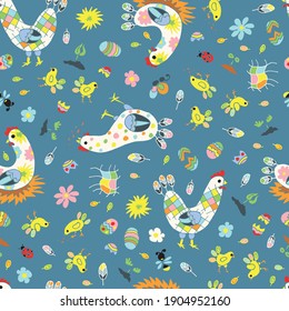 Patrón sin foco de gallina linda y divertida y sus bebés, huevos y cáscaras de huevo, así como flores de primavera dibujadas al estilo de doodle de dibujos animados adecuado para el fondo de Pascua o una huella textil