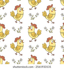 Seamless pattern with cute funny chicks and flowers. Spring background for kids, print