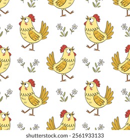 Seamless pattern with cute funny chicks and flowers. Spring background for kids, print