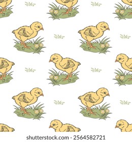 Seamless pattern with cute funny chicks and flowers. Spring background for kids, print