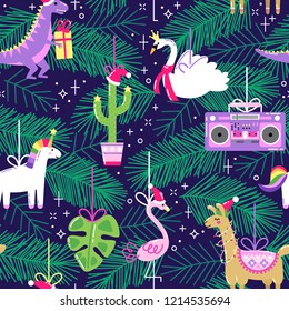 Seamless Pattern With Cute Funny Christmas Ornaments In Bright Cartoon Style